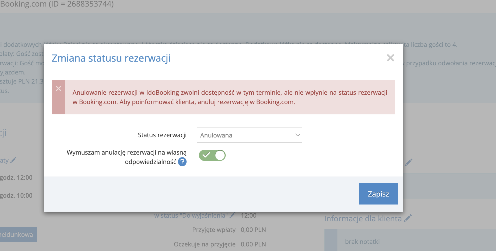 Zmiana statusu rezerwacji